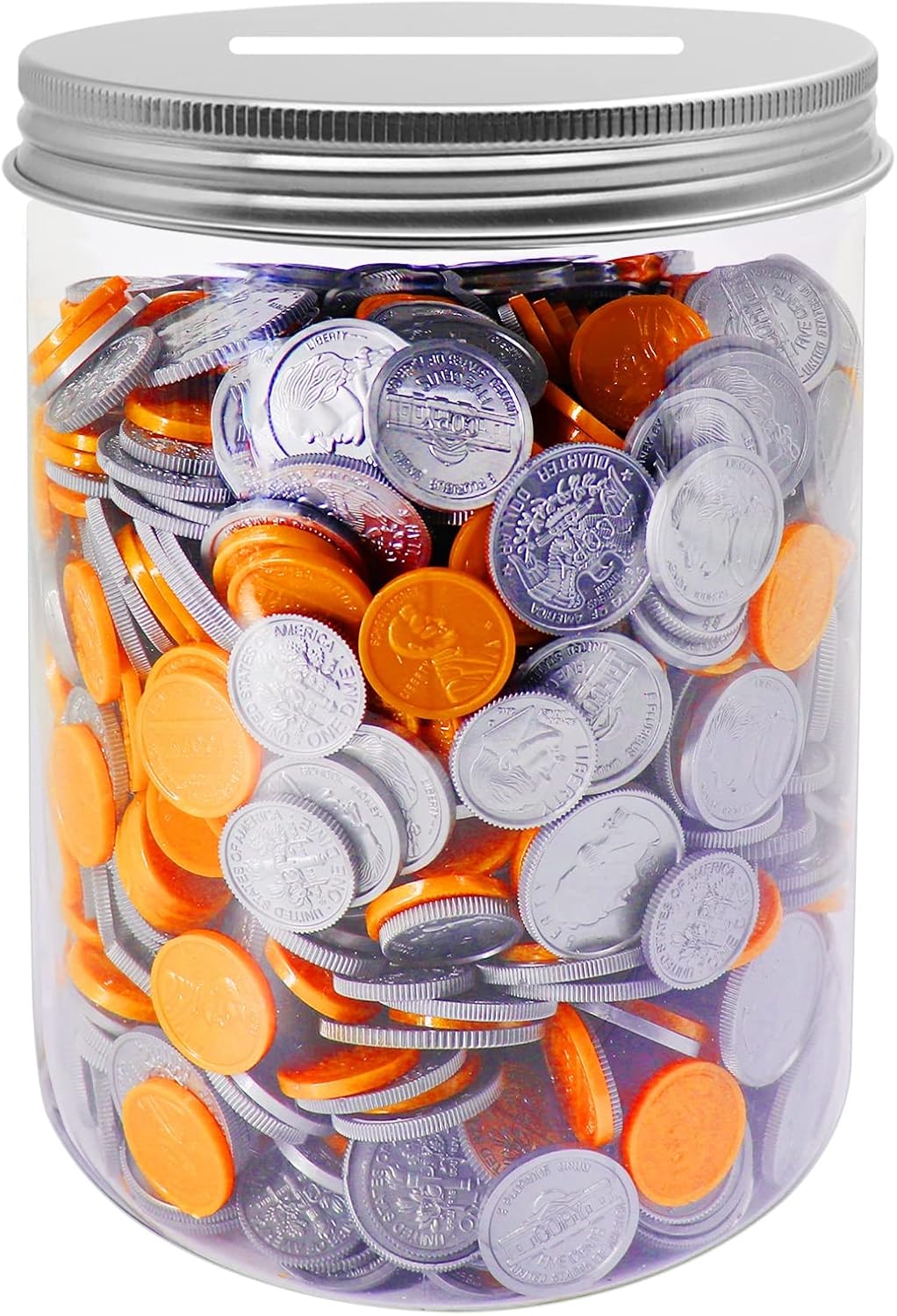 Large Coin Bank Jar, Big Clear Plastic Coin Money Tip Change Saving Piggy Jar with Silver Slotted Lid, Large Plastic Coins Piggy Money Change Clear Bank for Adults Teens Kids Girls Boys