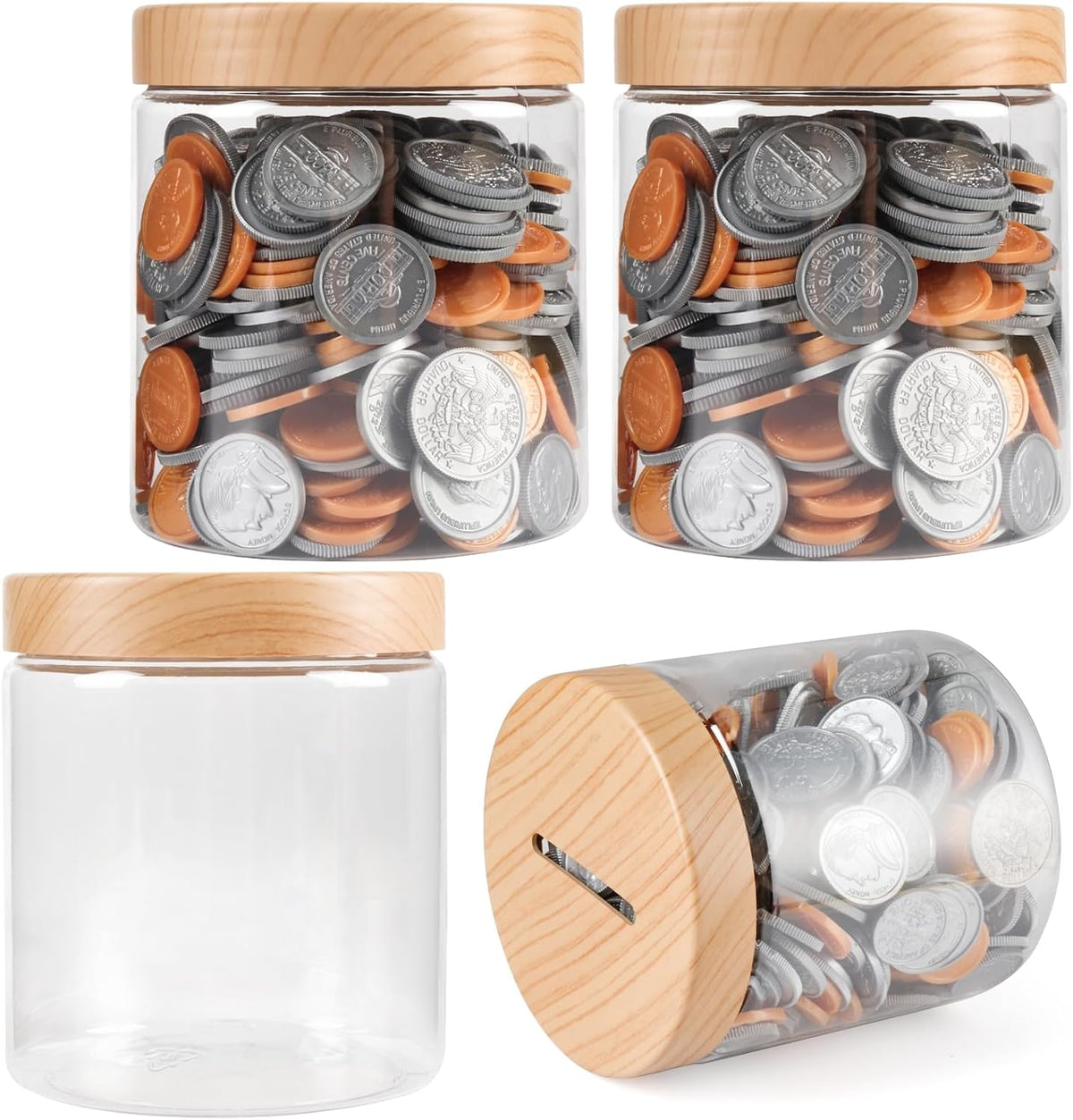 Small Coin Bank Jars 4-Pack, 16oz Clear Plastic Coin Money Tip Coin Jars with Slotted Lids, Small Transparent Plastic Coin Money Piggy Banks Jars for Adults Teens Girls Boys