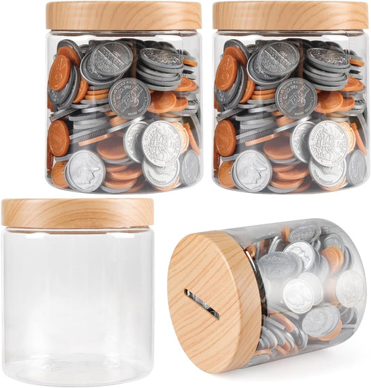 Small Coin Bank Jars 4-Pack, 16oz Clear Plastic Coin Money Tip Coin Jars with Slotted Lids, Small Transparent Plastic Coin Money Piggy Banks Jars for Adults Teens Girls Boys