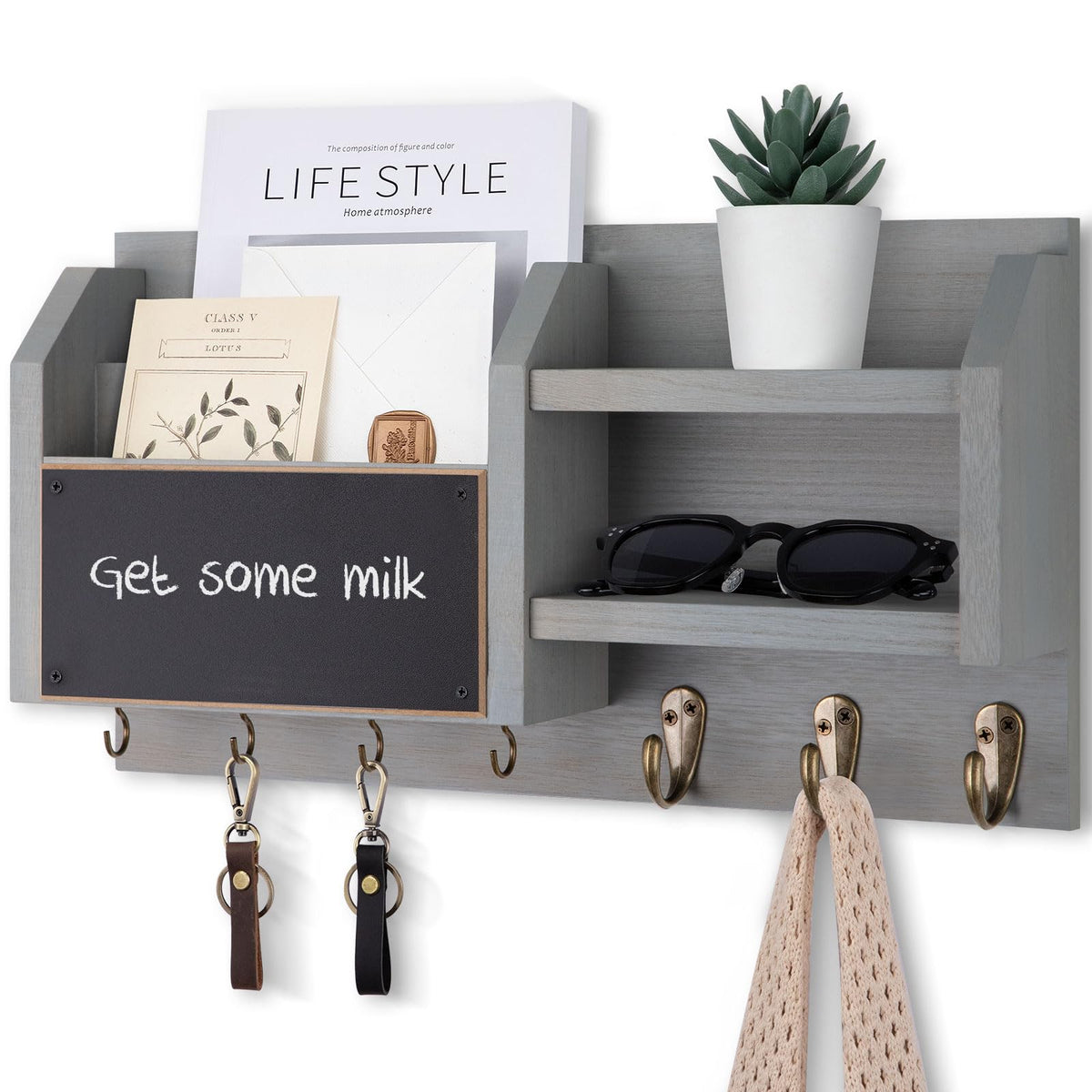 Lwenki Mail and Key Holder – Wall Mount Key Hanger with Shelf and 7 Metal Hooks – Decorative Natural Paulownia Wood Entryway Organizer with Mounting Hardware (16.5”W x 8.7”H x 3.5”D) (White)