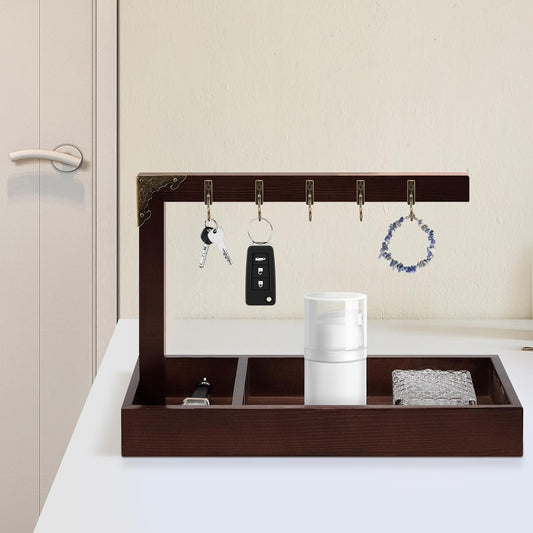 Wonderjune Key Tray for Entryway Table, with 5 Metal Hooks and Wood Base, Vintage Wood Key Tray Stand Holder for Keychain Jewelry Catchall Necklace Jewelry Ring Organizer, 11.8 x 11 x 5.91 Inch