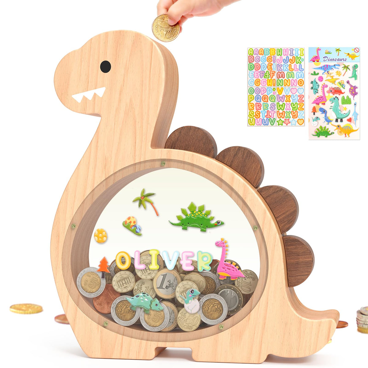 Summidate Wooden Dinosaur Piggy Bank, Large Clear Money Bank for Kids Boys