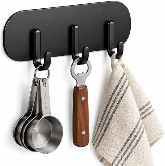Cubit Co.Magnetic Key Holder with 3 Hooks - Strong Magnetic Hook for Refrigerator & Cabinet, Black or White, No Drill Space Saving Organizer for Kitchen, Entryway, Laundry Room (Black)
