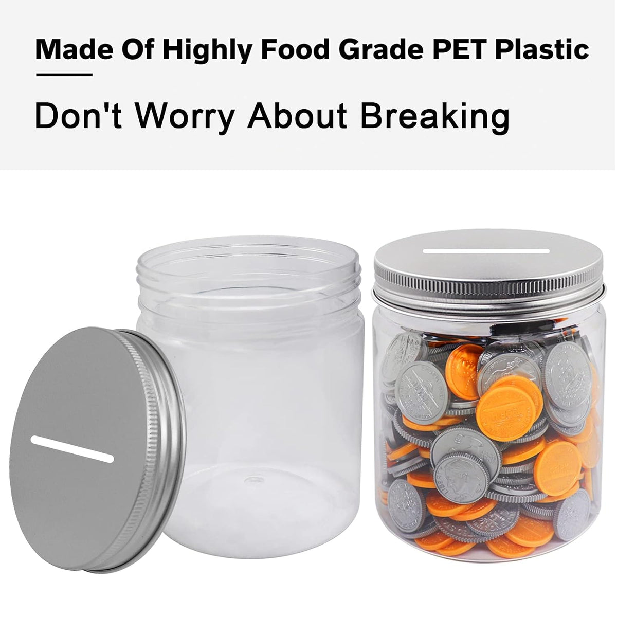 Small Coin Bank Jars 4-Pack, 16oz Clear Plastic Coin Money Tip Coin Jars with Silver Slotted Lids, Small Transparent Plastic Coin Money Piggy Banks Jars for Adults Teens Kids Girls Boy, Silver