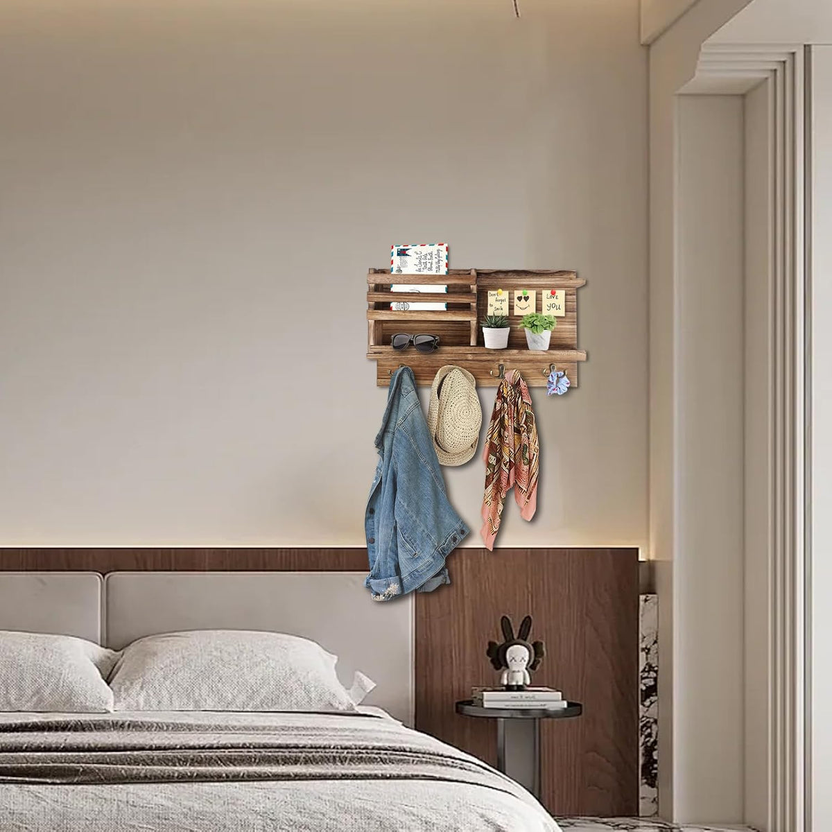 Key Holder Wall Mount, Wood Key and Mail Organizer for Wall, Burnt Brown