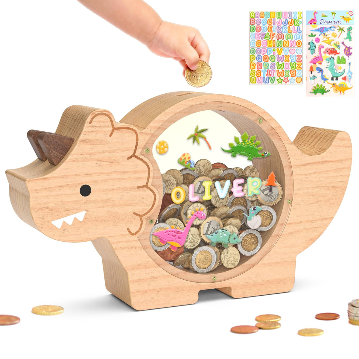 Summidate Wooden Dinosaur Piggy Bank, Large Clear Money Bank for Kids Boys