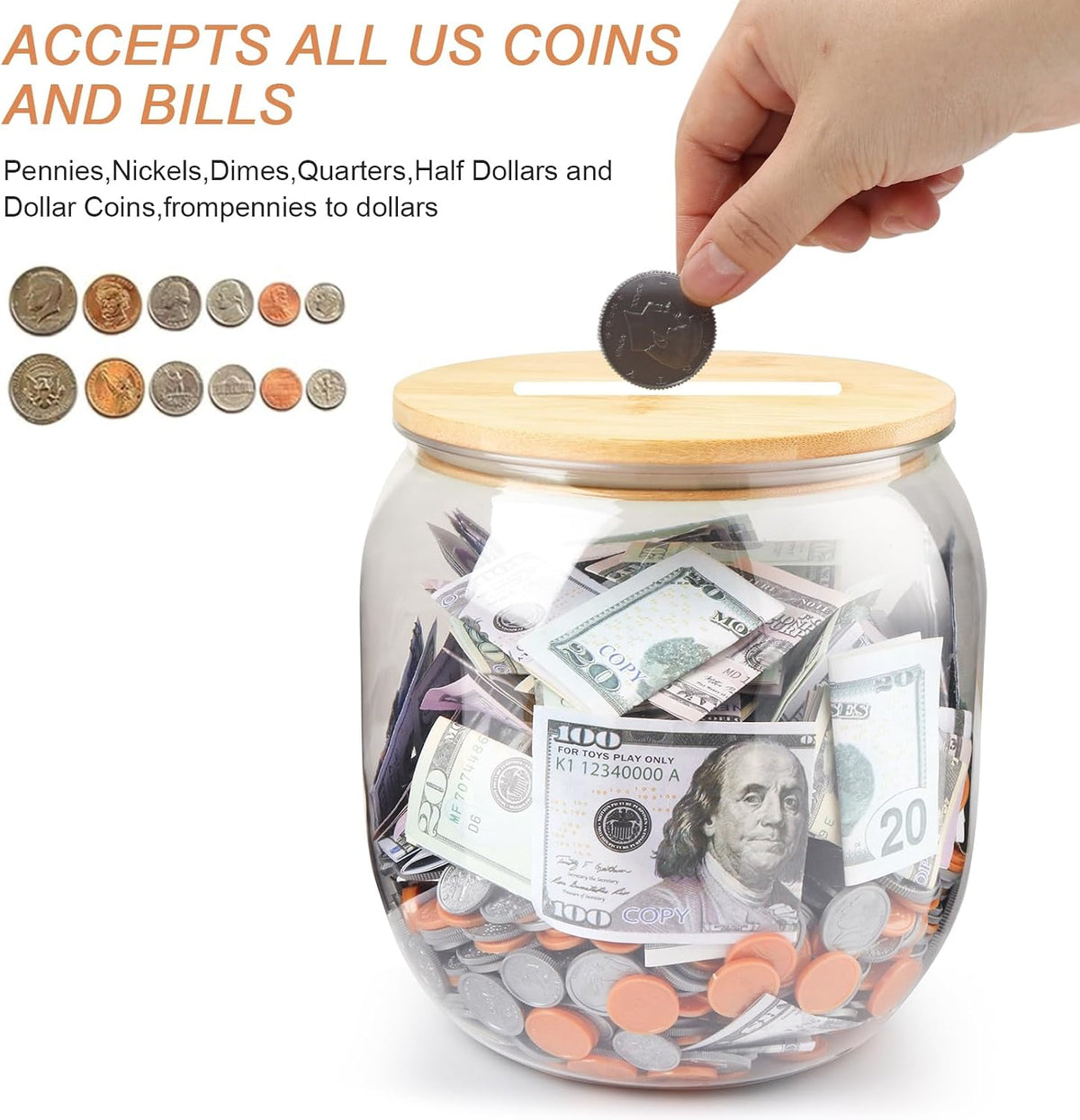 Yamahiko Large Clear Coin Bank Jar with Slotted Lid, One Gallon Reusable Money Tip Change Savings Coin Jar for Coin or Raffle Ticket, Big Clear Money Coin Tip Piggy Change Bank Box for Adults Teens