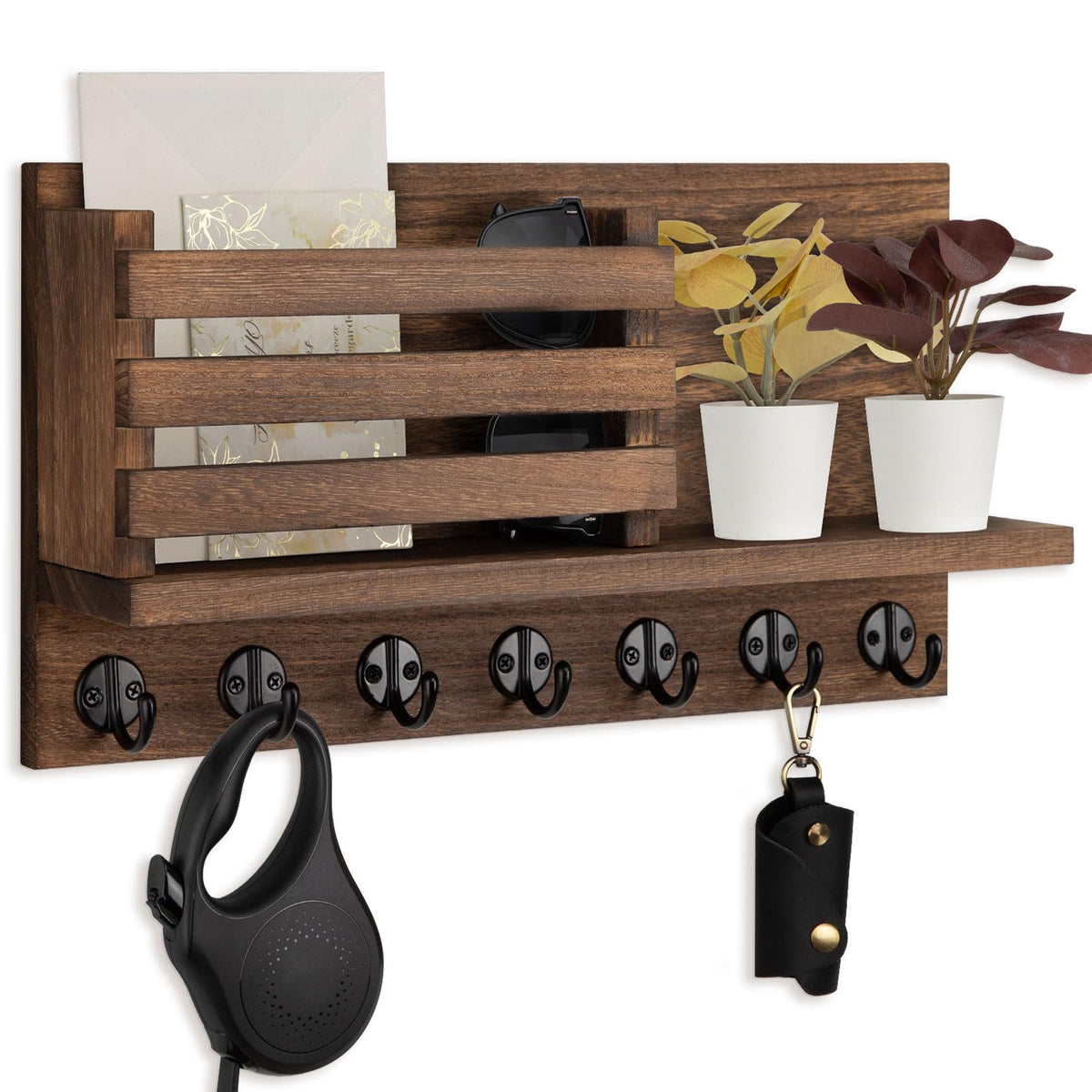 Lwenki Key Holder for Wall – Decorative Wooden Mail Holder and Key Shelf with Mounting Hardware, Installation Guide – Paulownia Wood with Metal Key Hooks (Brown, Large - 11.8inch)