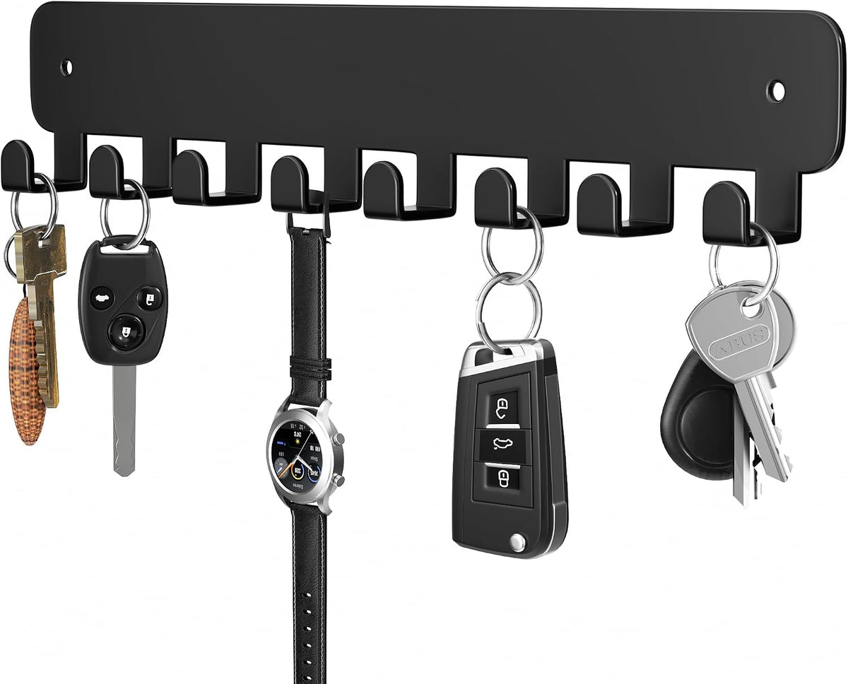pickpiff Key Holder Wall Mount, Adhesive Key Rack with 8 Hooks Hanger for Car Key Ring, Metal Key Chain Organizer, Black 1 Pack