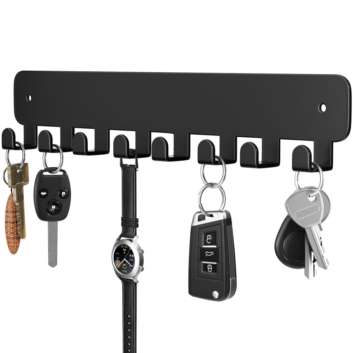 pickpiff Key Holder Wall Mount, Adhesive Key Rack with 8 Hooks Hanger for Car Key Ring, Metal Key Chain Organizer, Black 2 Pack