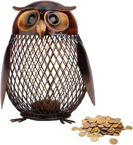 Tooarts Owl Shaped Metal Coin Bank Box Handwork Crafting Art