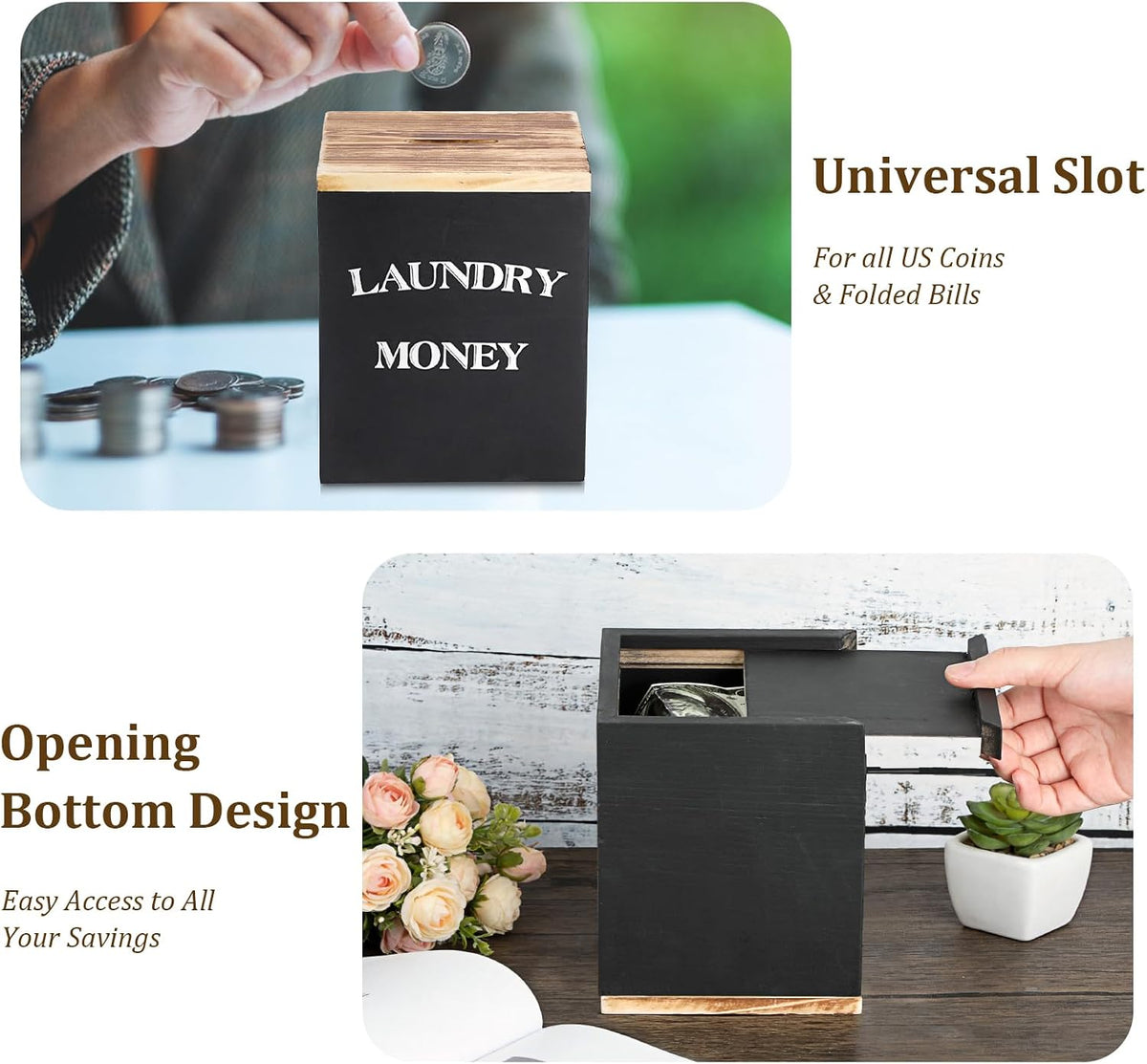 Wooden Piggy Bank for Laundry Room, Rustic Coin Jar with Money Slot