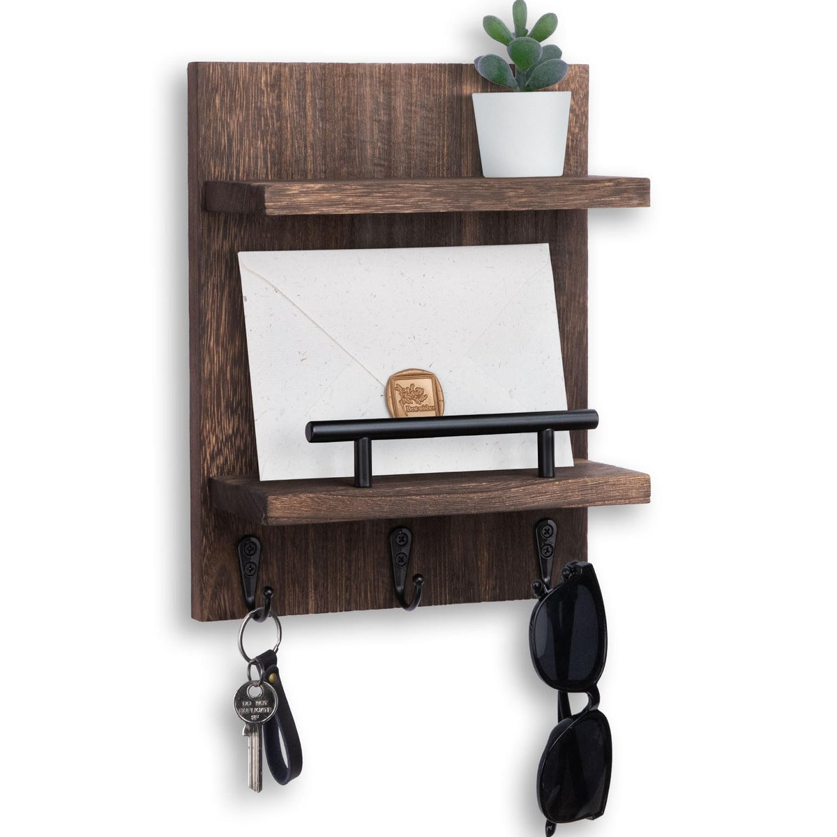 Magnetic Key Holder Wall Mount, Mail Shelf Decor with 3 Key Hooks