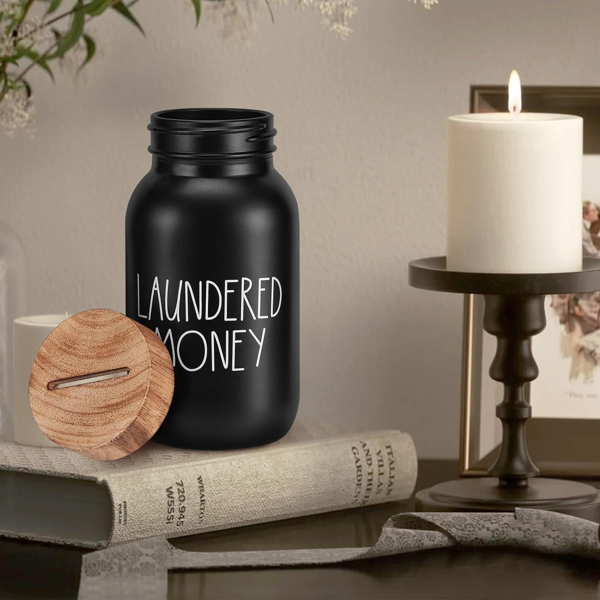 Laundry Room Decor Organization, Mason Jar Coin Bank with Wood Lid