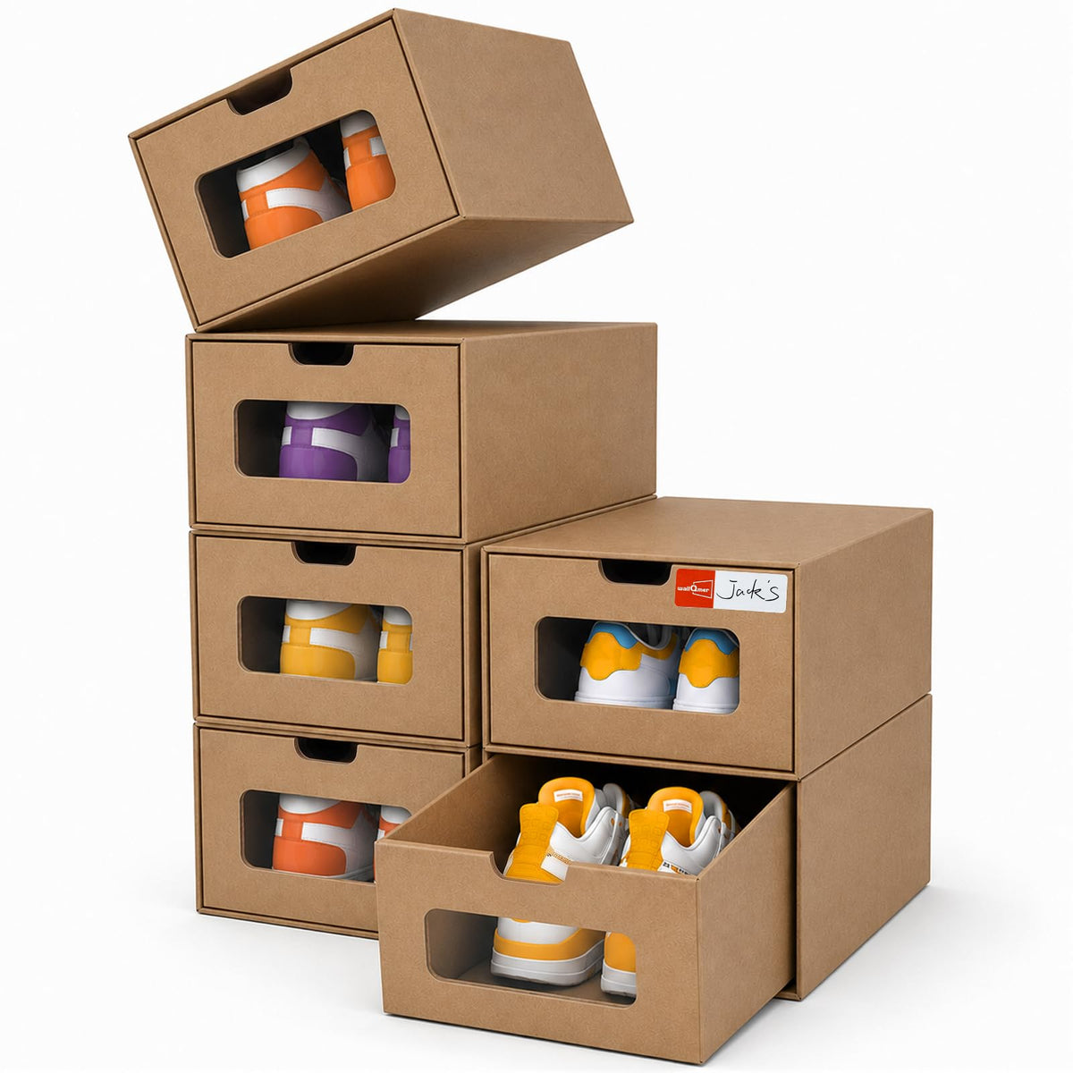 Cardboard Shoe Storage Boxes, 12 Pack, Foldable Stackable Drawer Organizers with Clear Window and Labels for Closets, 13.2 x 8.3 x 5.1 in
