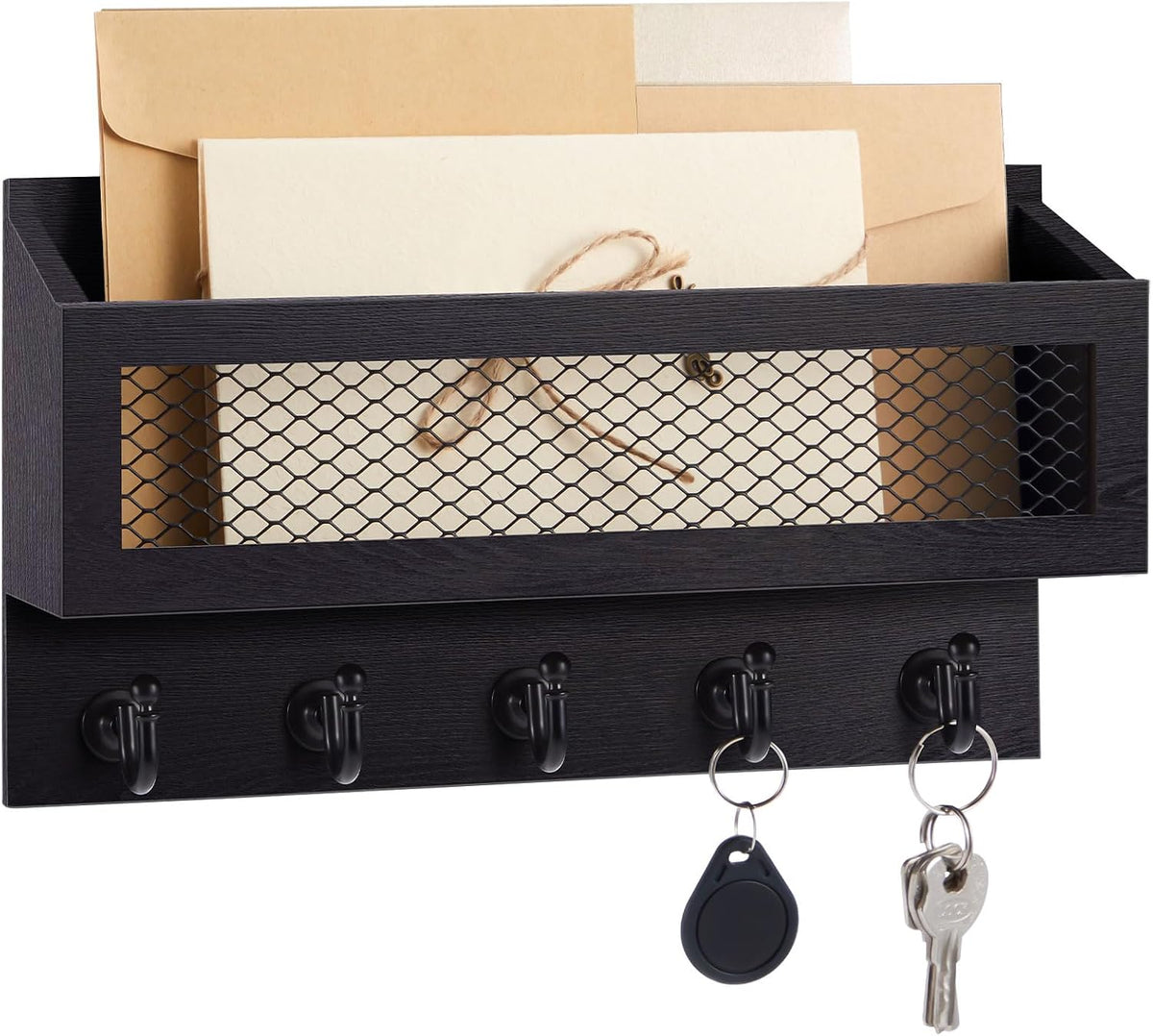 Colingmill Magnetic Mail and Key Holder with 5 Hooks for Wall, Black