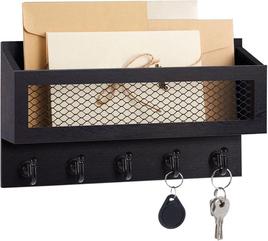 Colingmill Magnetic Mail and Key Holder with 5 Hooks for Wall, Black