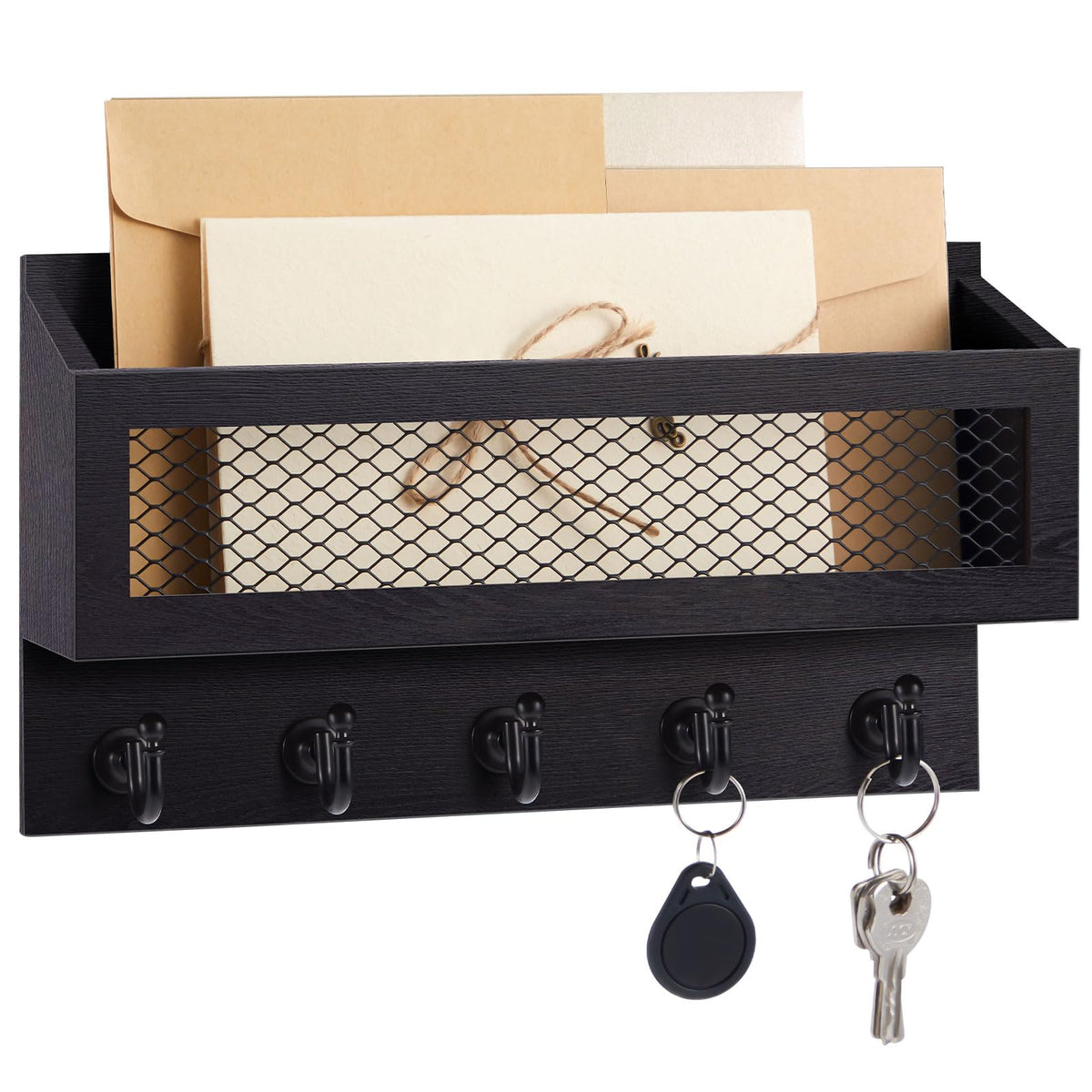 Colingmill Magnetic Mail and Key Holder with 5 Hooks for Wall, Black