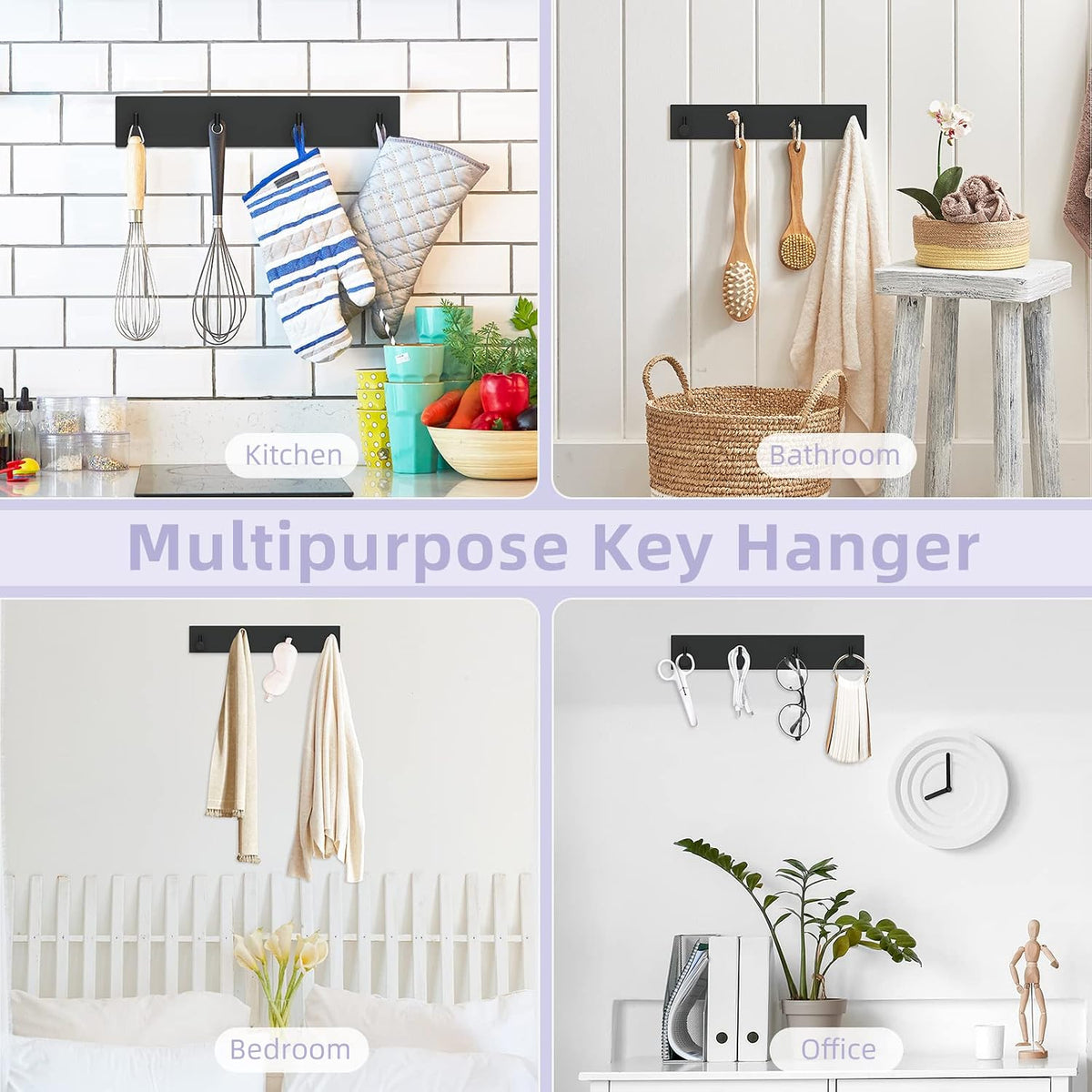 VIS'V Key Holder Wall Mount, Large Adhesive Key Hanger with 4 Hooks, Black