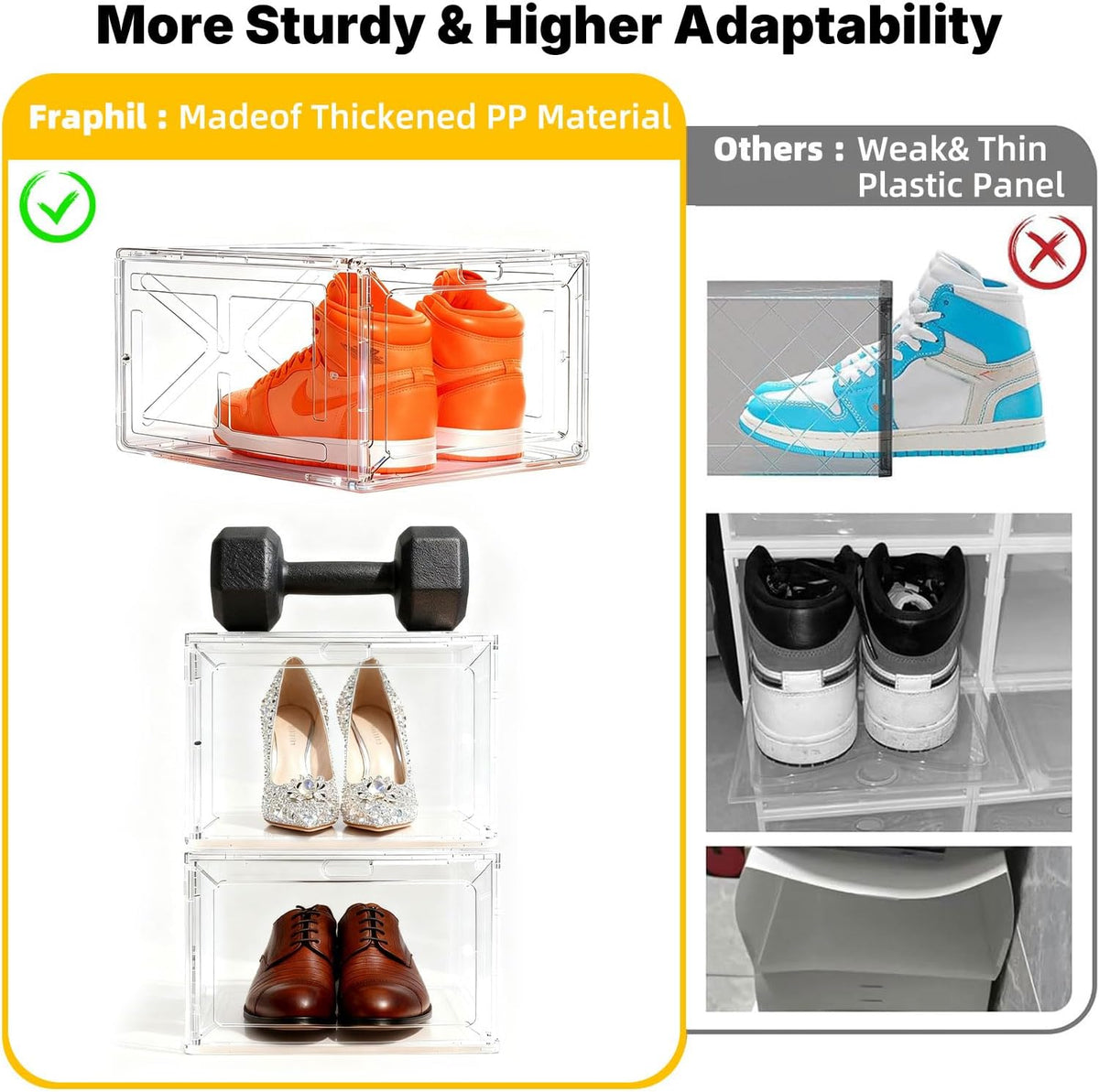 6 Pack Large Drop-Front Black Transparent Shoe Boxes, Stackable Sneaker Storage Container for Closet, Fits US Size 13+, Magnetic Front Door, Heavy-Duty Reinforced Plastic Shoe Organizer