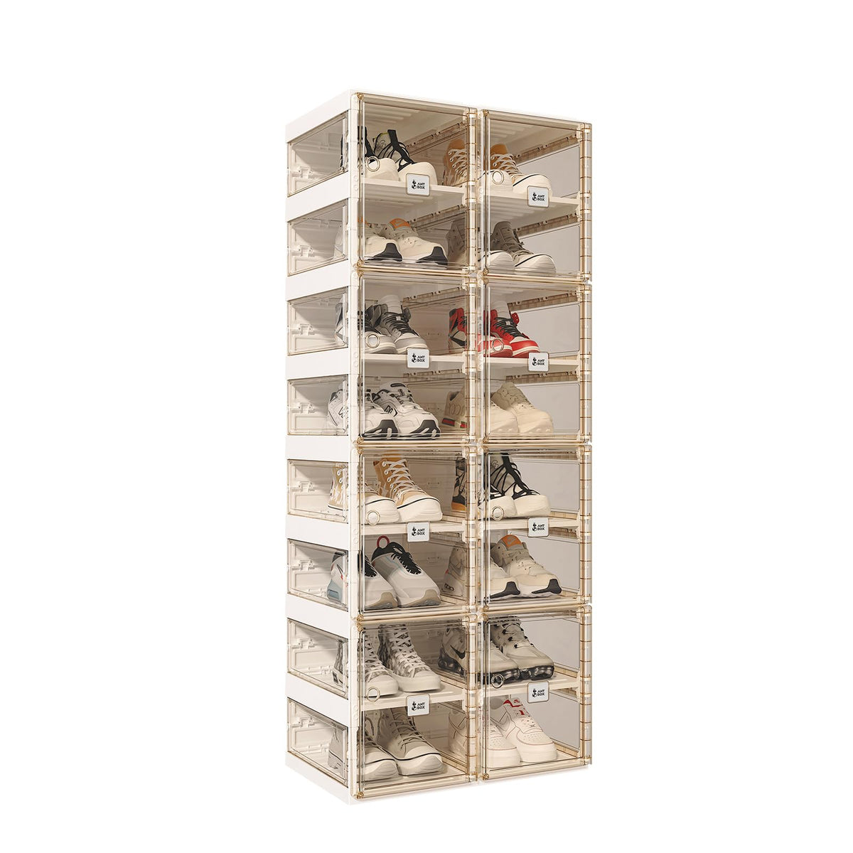 ANTBOX Foldable Shoe Rack,Shoe Organizers for Closet Plastic Shoe Storage Box Space Saving for Entryway, Large Sturdy Stackable Sneaker Cabinet Bins with Magnetic Clear Door 8 Tiers 16 Pairs