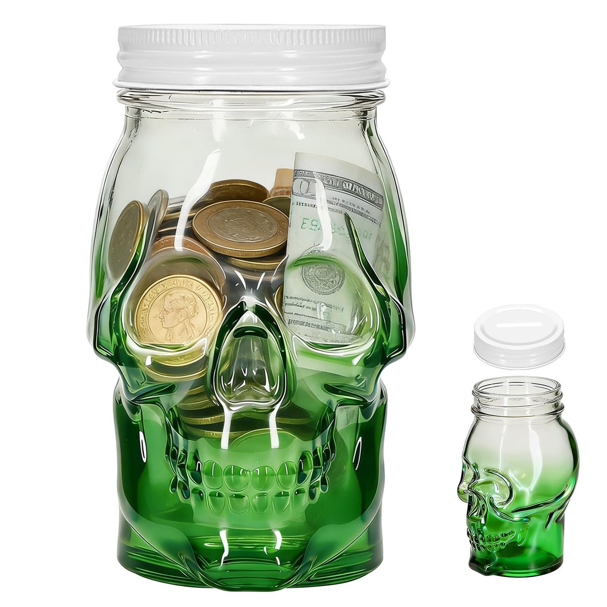 1Pack 16 OZ Skull Glass Coin Bank with Metal Lid, Clear Glass Skull Money Jar with Coin Slot, Decorative Savings Jar, Halloween & Home Décor (Black)