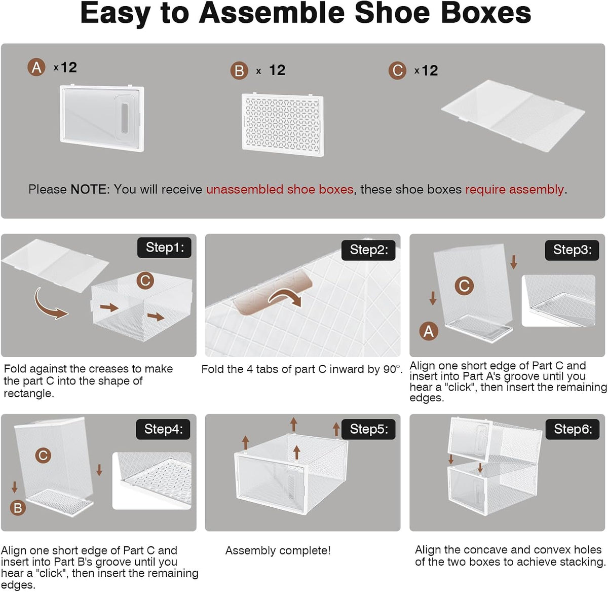 Shoe Boxes, 12 Pack Clear Plastic Stackable Shoe Storage Boxes Fit US Size 10, Ventilated Dust-Proof Sneaker Containers, Shoe Organizer for Closet, Entryway, 13.1 x 9 x 5.5 Inches, White