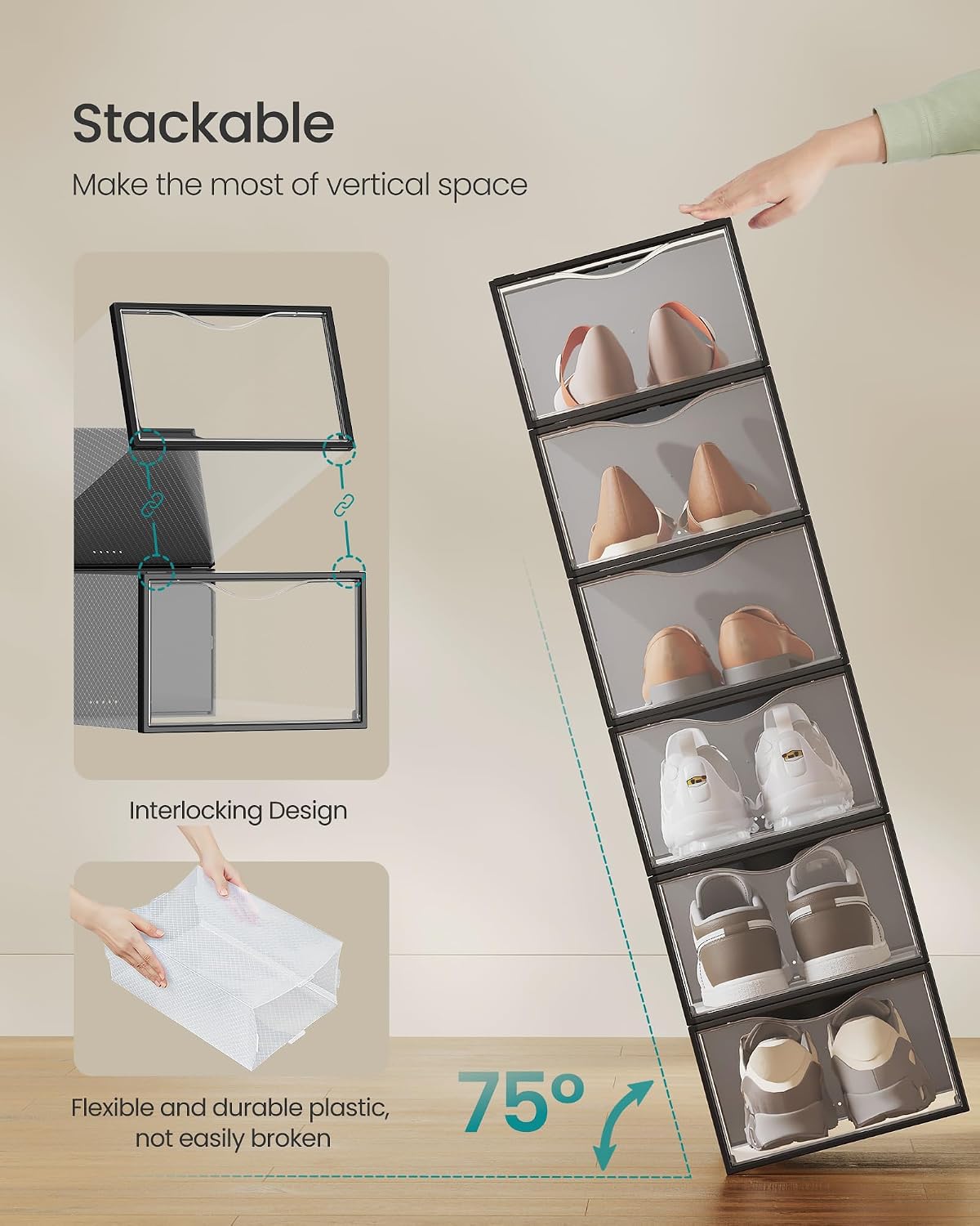 SONGMICS Shoe Boxes, Stackable Sneaker Containers for Closet, 12 Pack