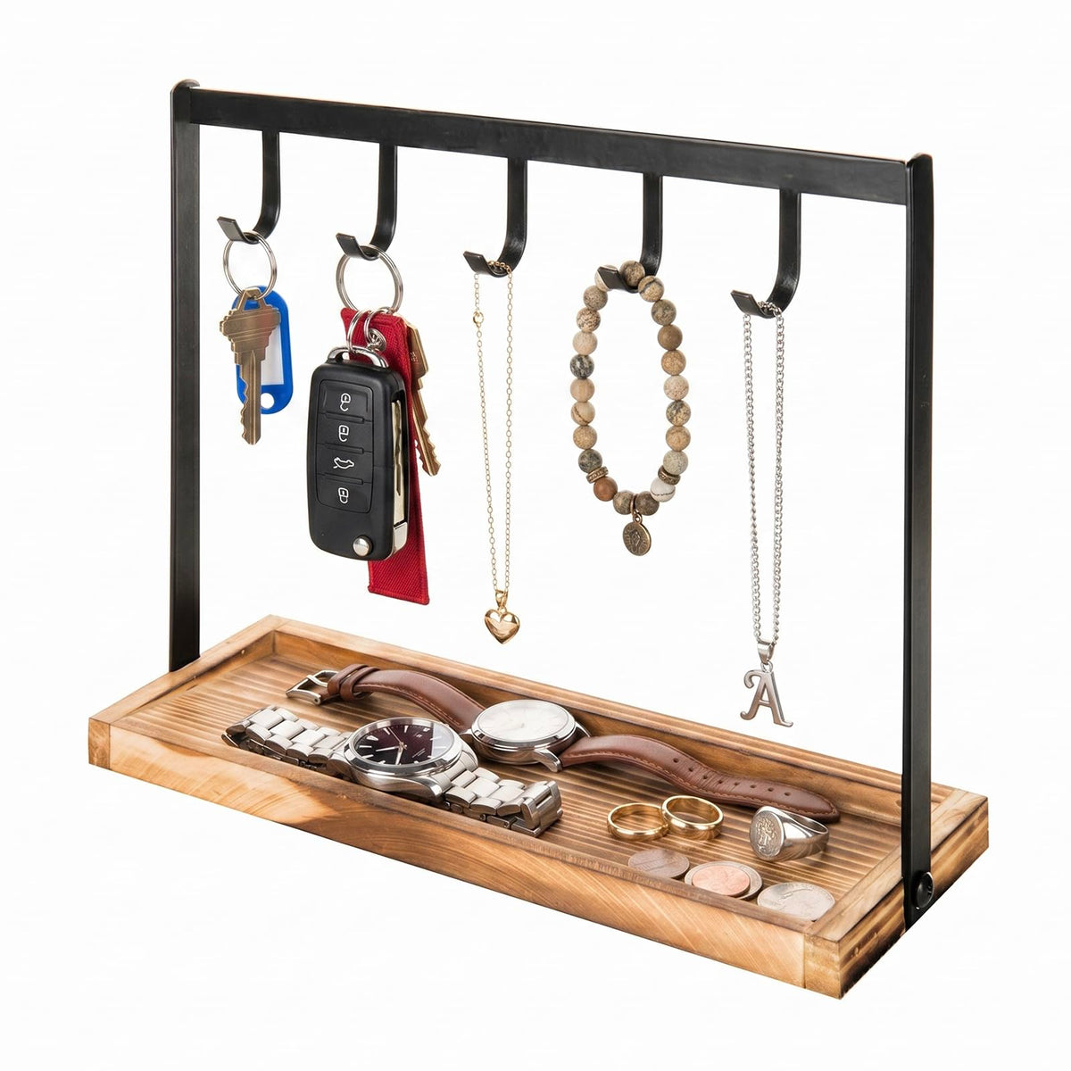 MyGift Entryway Black Metal Key Holder with 5 Hooks & Whitewashed Wood Base