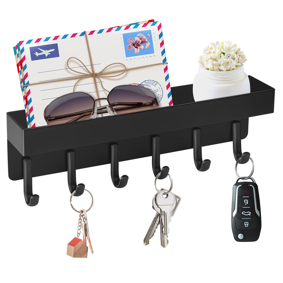 VIS'V Key Holder Wall Mount, Magnetic Key Rack with Tray, 6 Hooks, Black