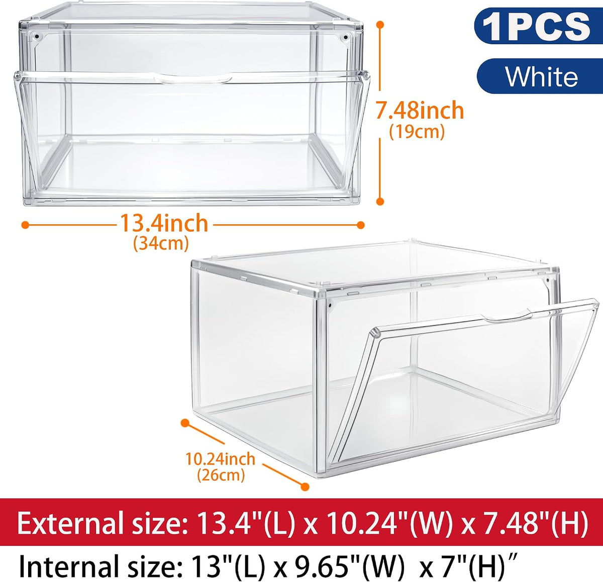 1 Pack Acrylic Shoe Boxes for Flat, Loafer & Small Space, Fits Size 12.5