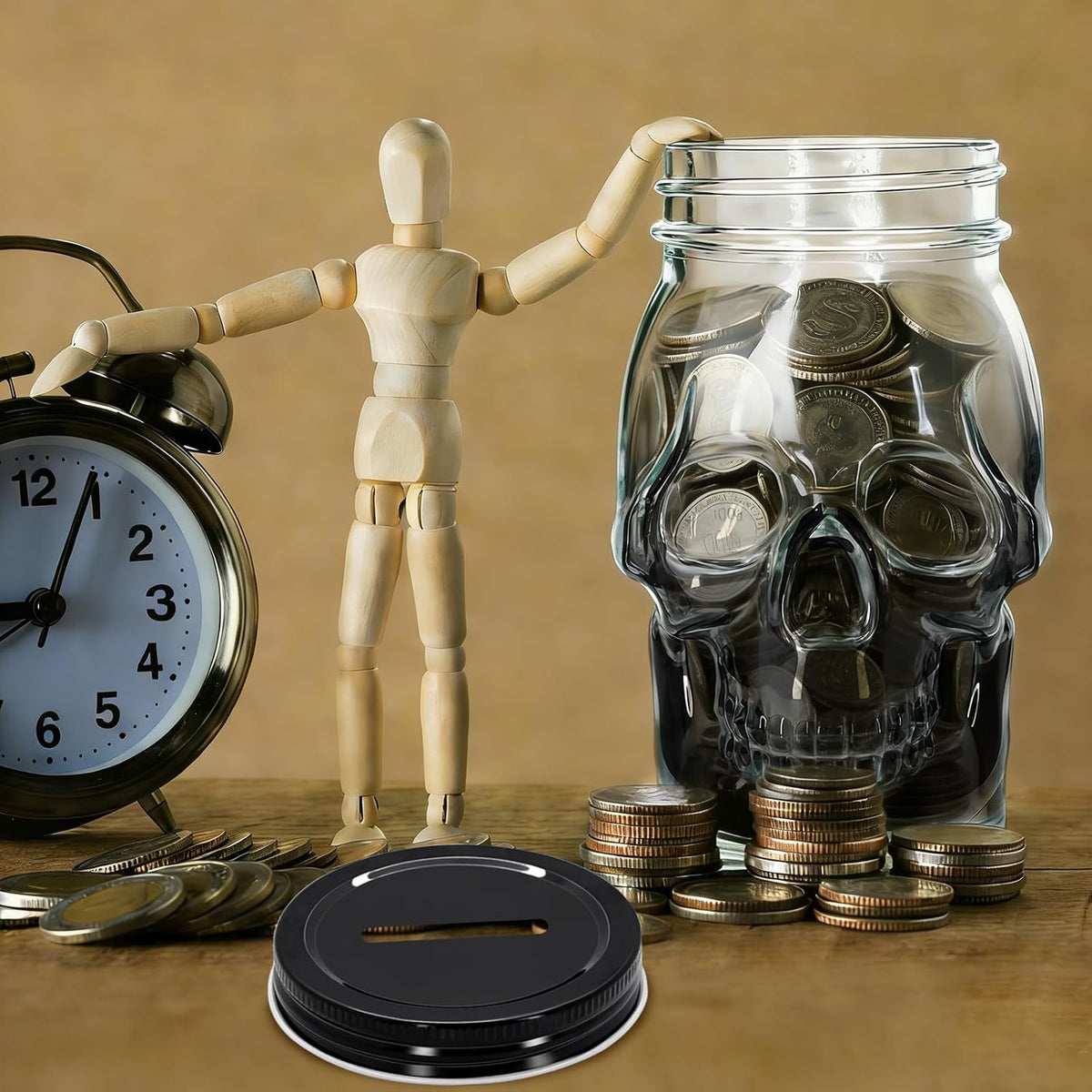 1Pack 16 OZ Skull Glass Coin Bank with Metal Lid, Clear Glass Skull Money Jar with Coin Slot, Decorative Savings Jar, Halloween & Home Décor (Black)