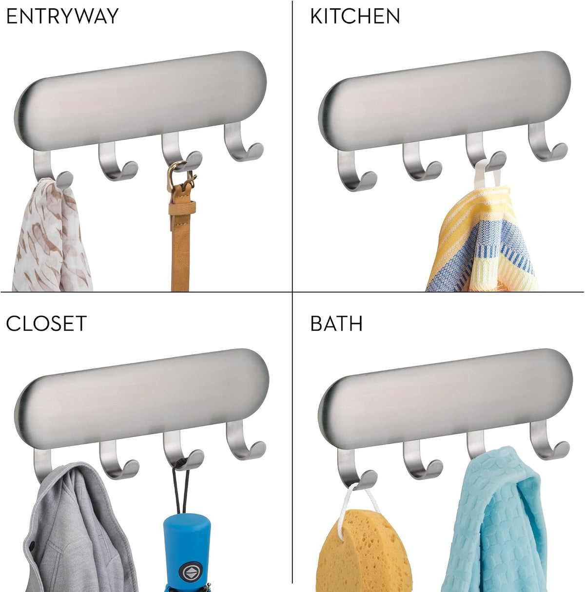 iDesign Forma Self-Adhesive Key Rack Organizer for Entryway, Kitchen - 4 Hooks, Stainless Steel