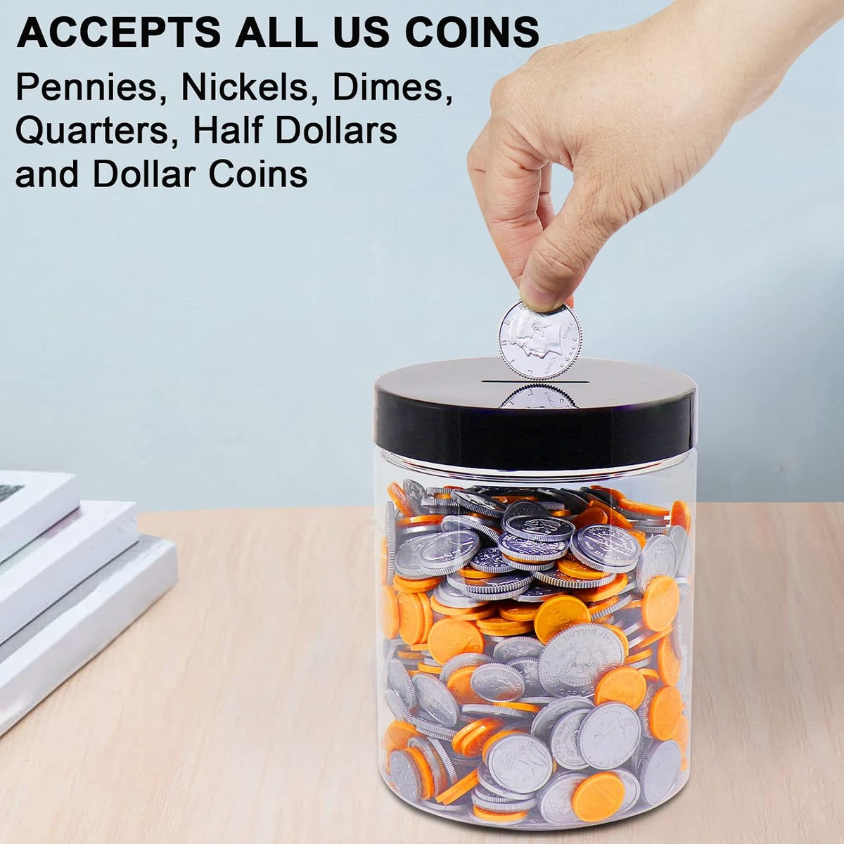 Large Coin Bank Jar, Big Clear Plastic Coin Money Tip Change Saving Piggy Jar with Black Slotted Lid, Large Plastic Coins Piggy Money Change Clear Bank for Adults Teens Kids Girls Boys