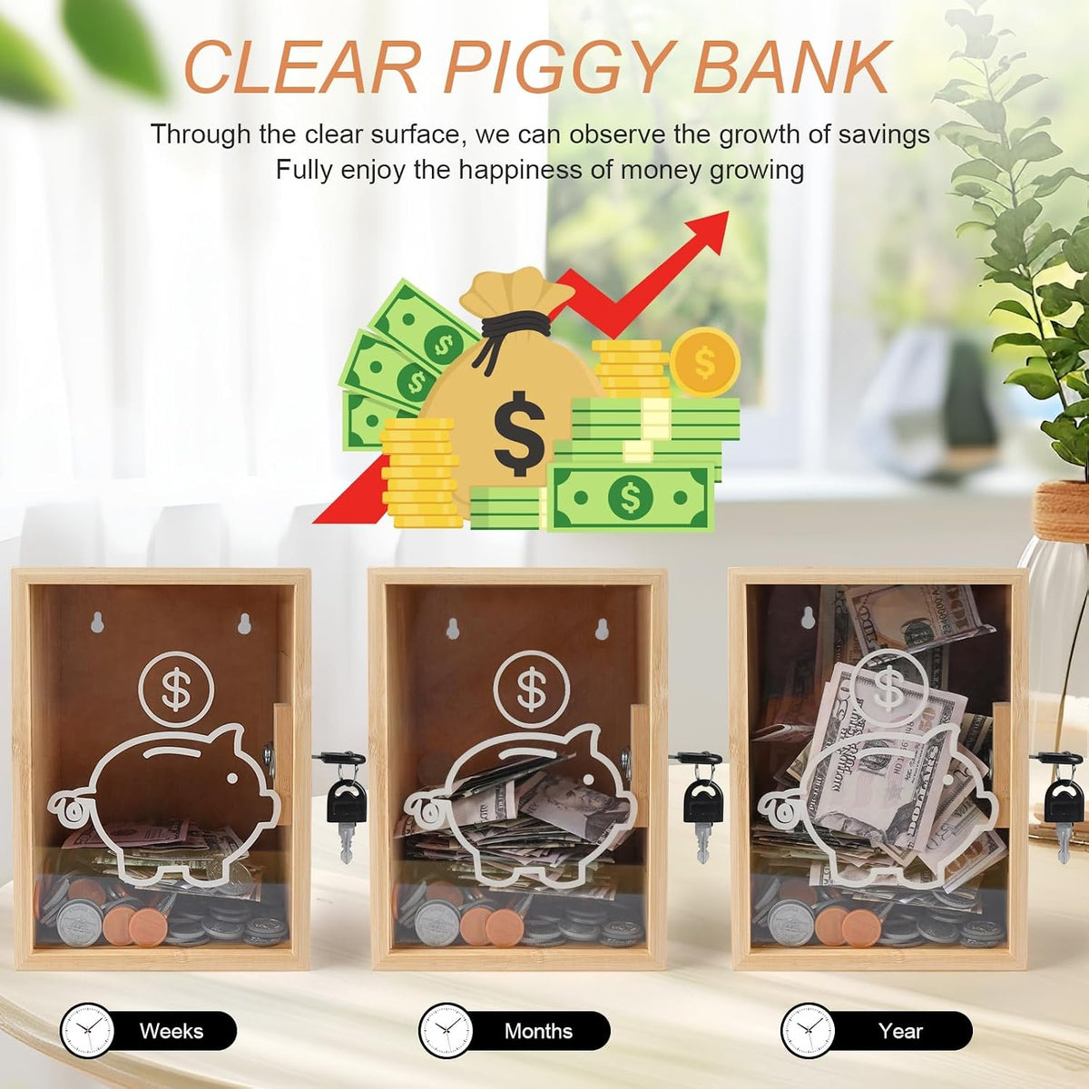 Clear Piggy Bank with Lock, Large Money Saving Jar Money Bank Box Container for Cash Saving, Openable Clear Money Coin Change Bank Jar Container Penny Piggy Jar Bank for Adults Kids, Bamboo
