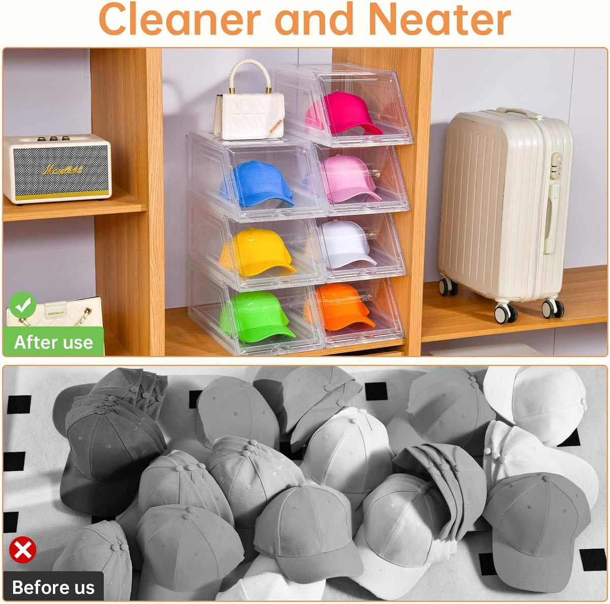 Stackable Clear Hat Organizer for Baseball Caps with Sliding Drawer