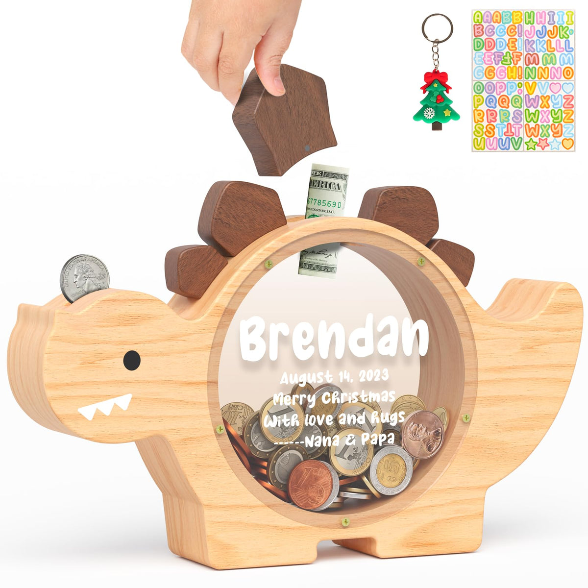 Summidate Wooden Dinosaur Piggy Bank, Large Clear Money Bank for Kids Boys