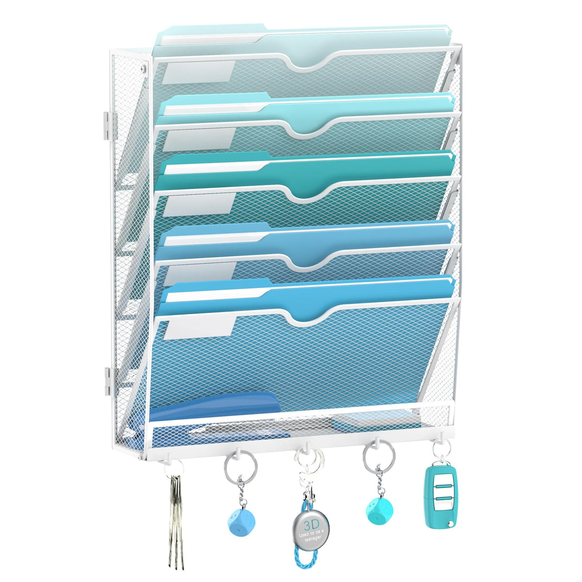8-Tier Wall File Organizer and Mail Organizer with 5 Hooks, Black