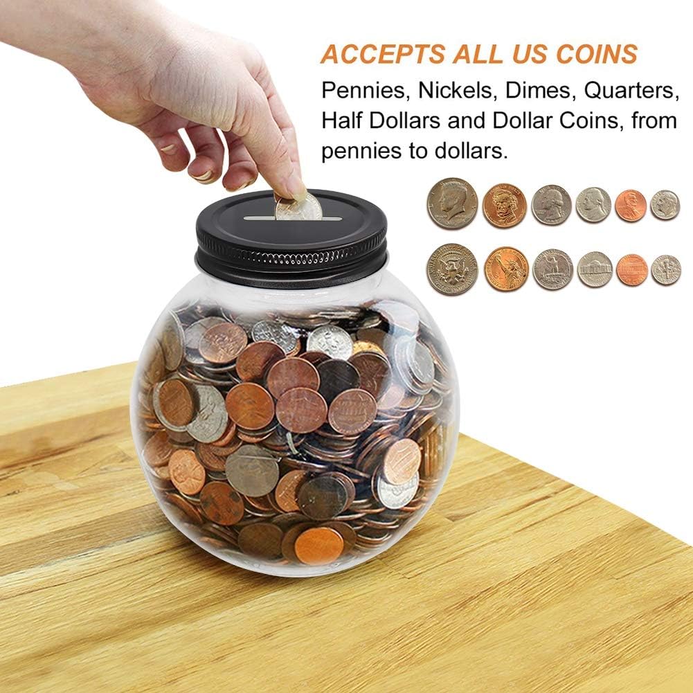 Clear Glass Piggy Bank with Black Slotted Lid, Well Sized Coin Bank, Two Placement Methods Money Tip Coin Jar for Adults