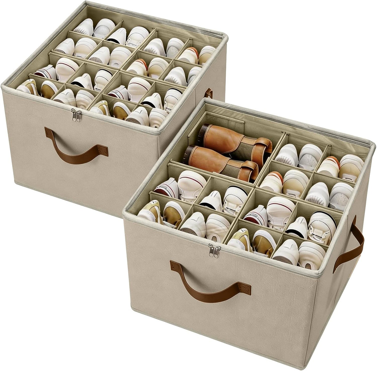 2 Pack Shoe Organizer Box – Large Capacity Shoe Storage Organizer with Transparent Cover & Flexible Dividers, Fits 16-32 Pairs, Fabric Shoe Storage Organizer Box, Entryway, Dorm