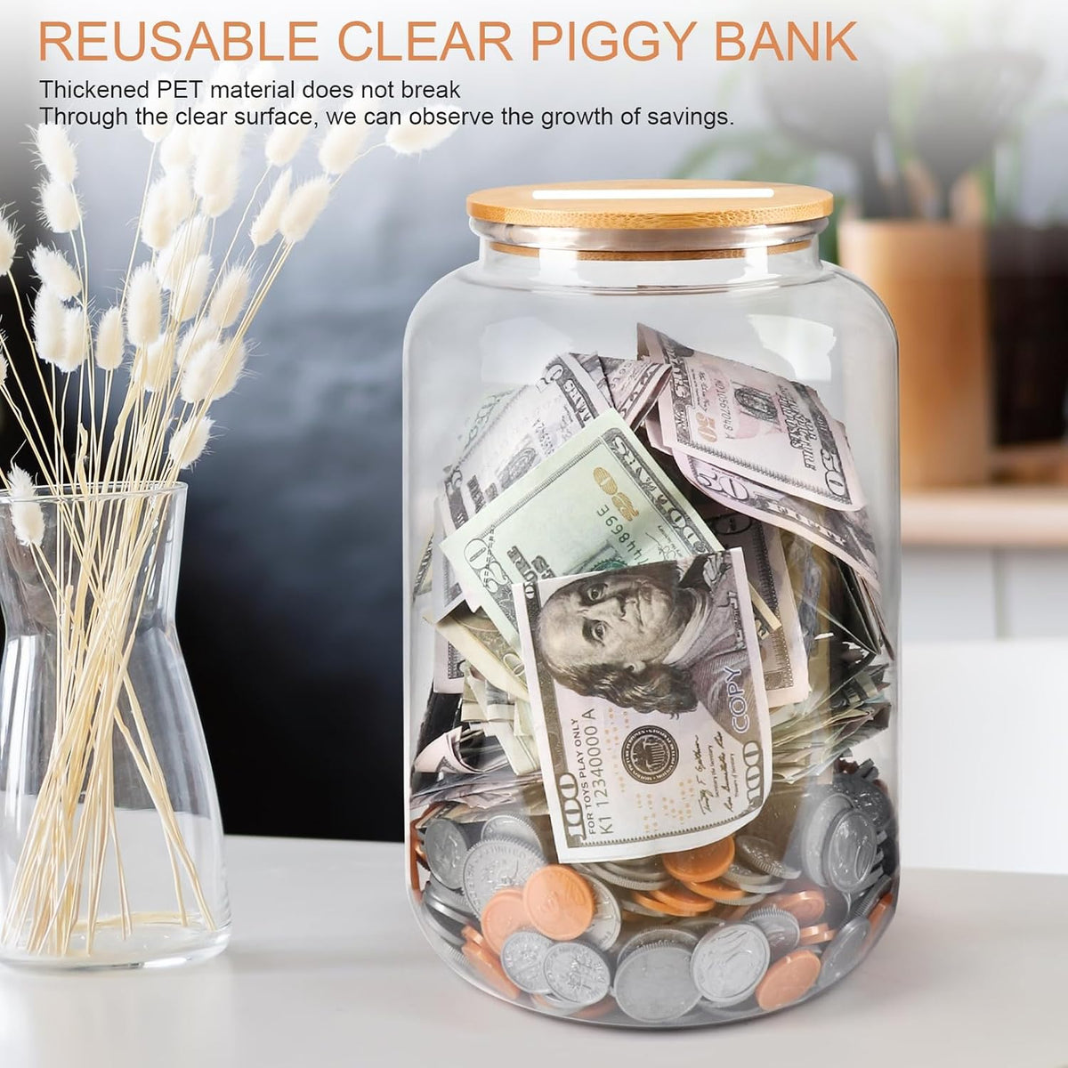 Clear Piggy Bank with Slotted Lid, 7/8 Gallon Plastic Money Saving Jar Bank Box Container for Cash Saving, Clear Large Money Coin Change Bank Jar Container Penny Piggy Jar Bank for Adults Kids