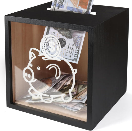 Unopenable Clear Piggy Bank, ONE Gallon Must Break to Open Money Saving Box Money Bank Holder Jar for Cash Saving, Clear Unbreakable Smash Box Change Coin Bank Jar Cash Box for Adults, Black