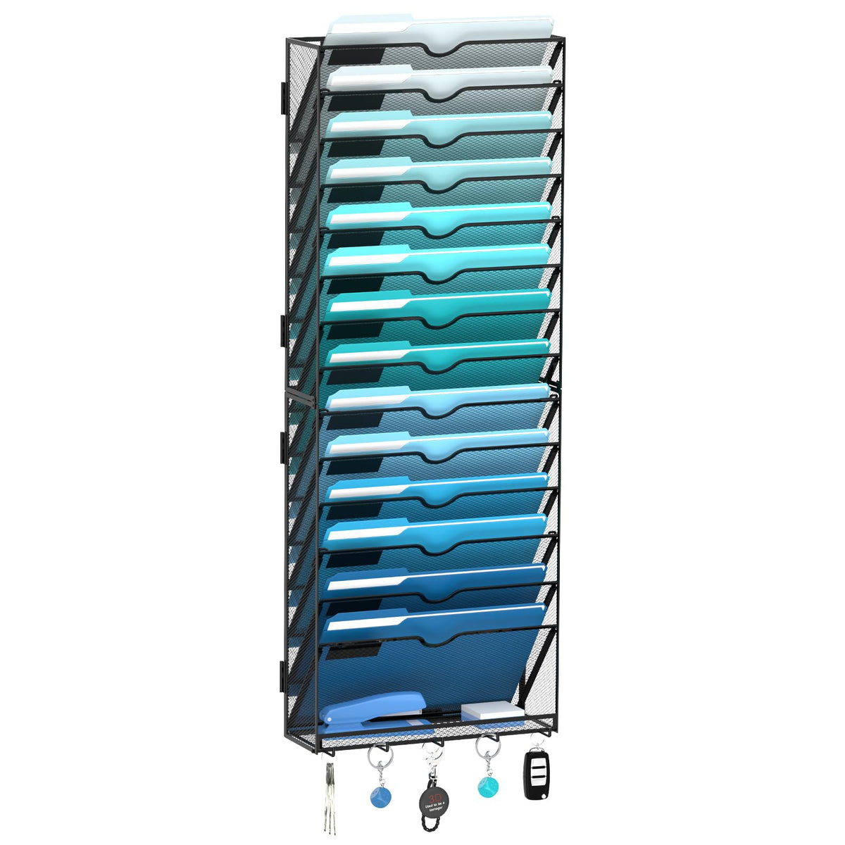 8-Tier Wall File Organizer and Mail Organizer with 5 Hooks, Black