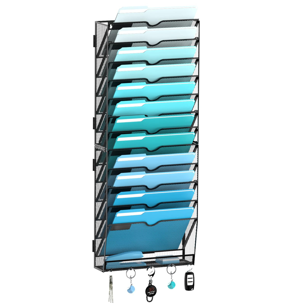 8-Tier Wall File Organizer and Mail Organizer with 5 Hooks, Black