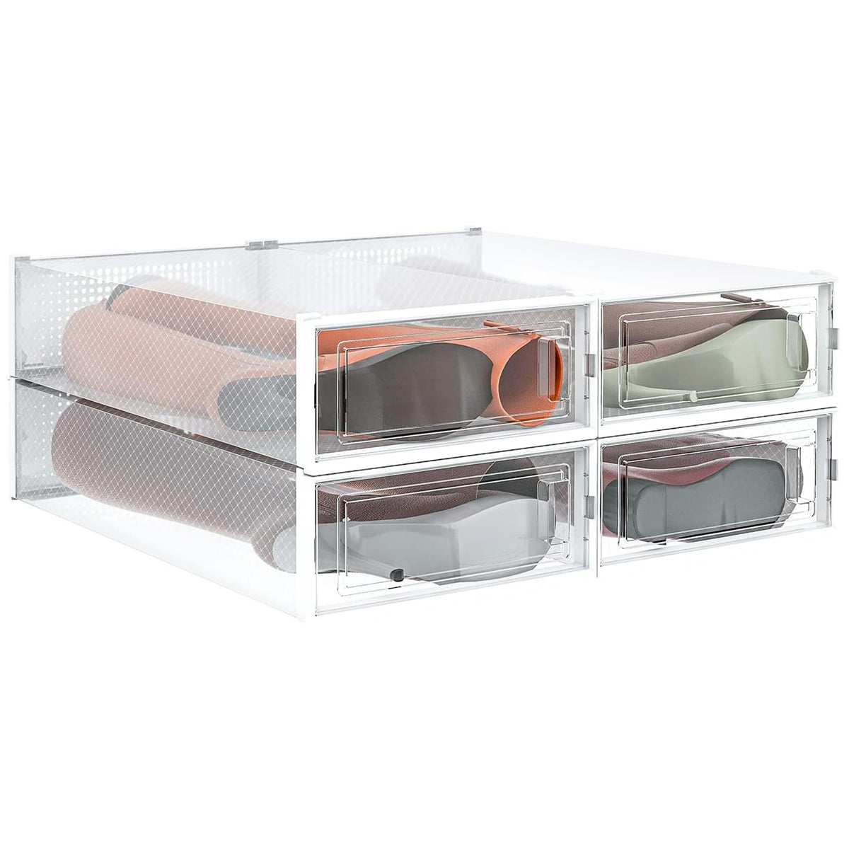 4-Piece Extra Large Boot and Shoe Storage Boxes, Stackable Clear Plastic Shoe Organizer, Space-Saving Shoe Boxes for Boots, Sneakers, and High Heels, Clear