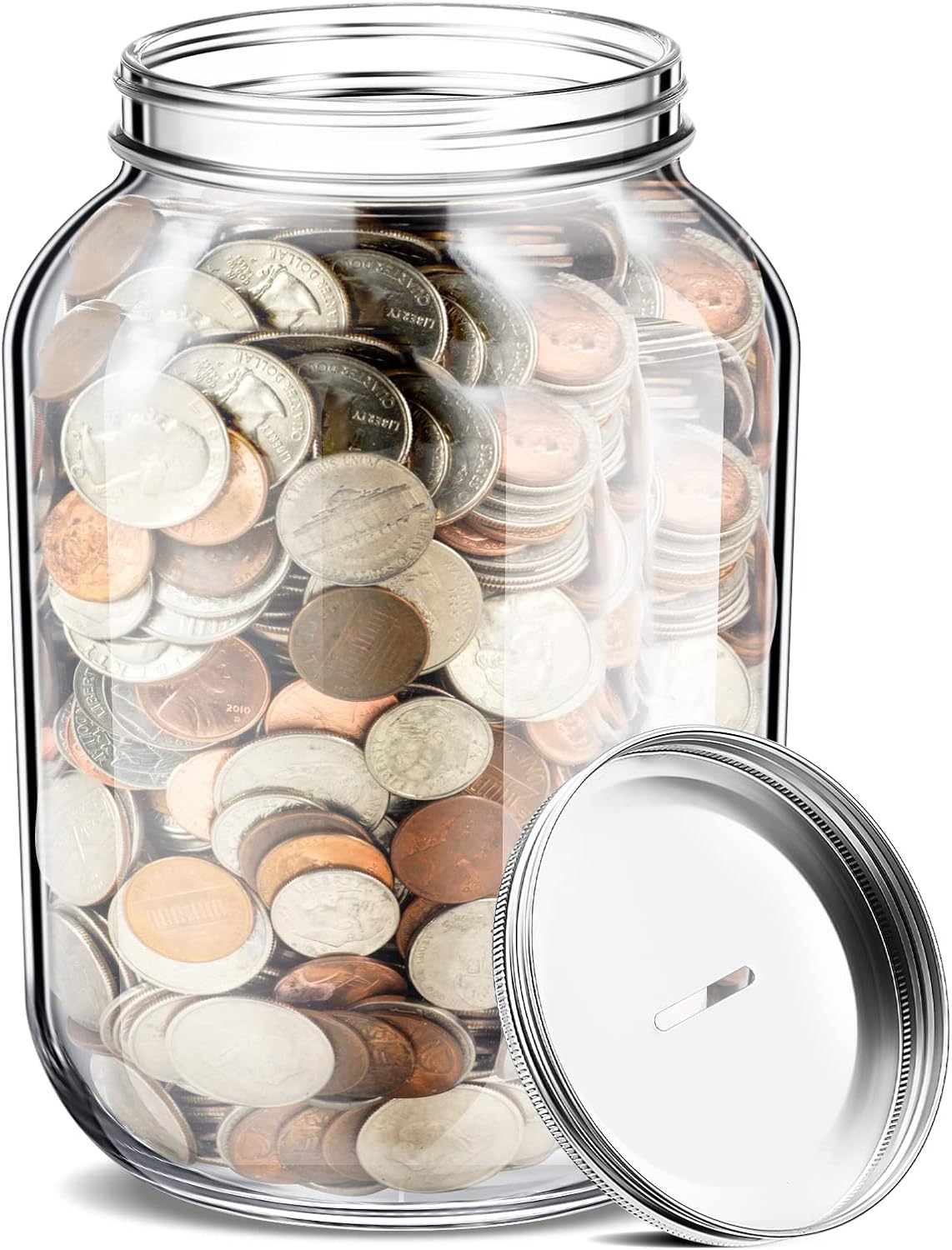 Yinkin 1 Gallon Large Clear Coin Bank Jar with Slotted Lid Large Piggy Change Bank for Adults Teens Holds About 3000 in Coins Glass Money Tip Change Savings Jar for Raffle Ticket Fund Adults Gift