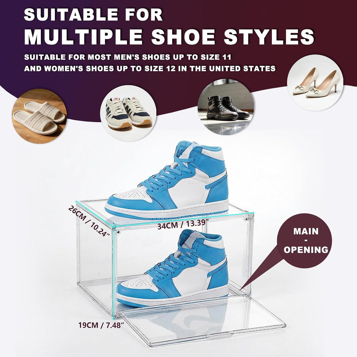 X-Large Shoe Organizer 6-Pack, Stackable White Transparent Acrylic Shoe Boxes with Ventilation, Dustproof Storage for Sneakers/Heels Main-Opening