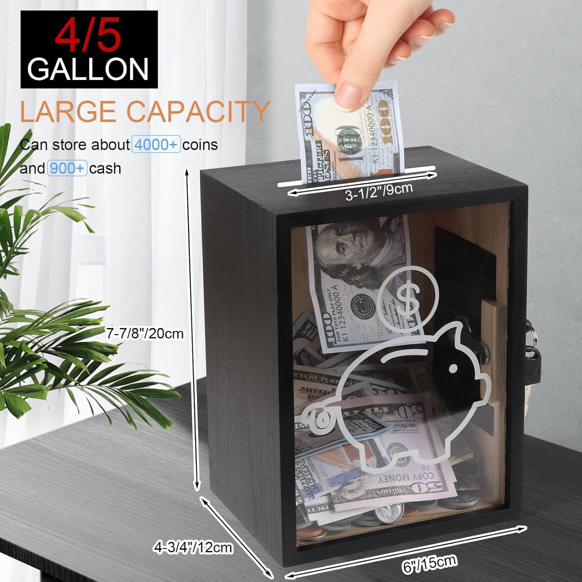 Clear Piggy Bank with Lock, Large Money Saving Jar Money Bank Box Container for Cash Saving, Openable Clear Money Coin Change Bank Jar Container Penny Piggy Jar Bank for Adults Kids, Black