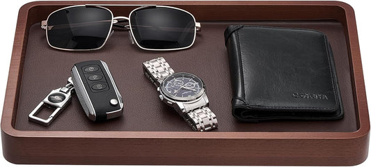 ProCase Wood Valet Tray for Men, Key Tray, Desk & Nightstand -DarkBrown