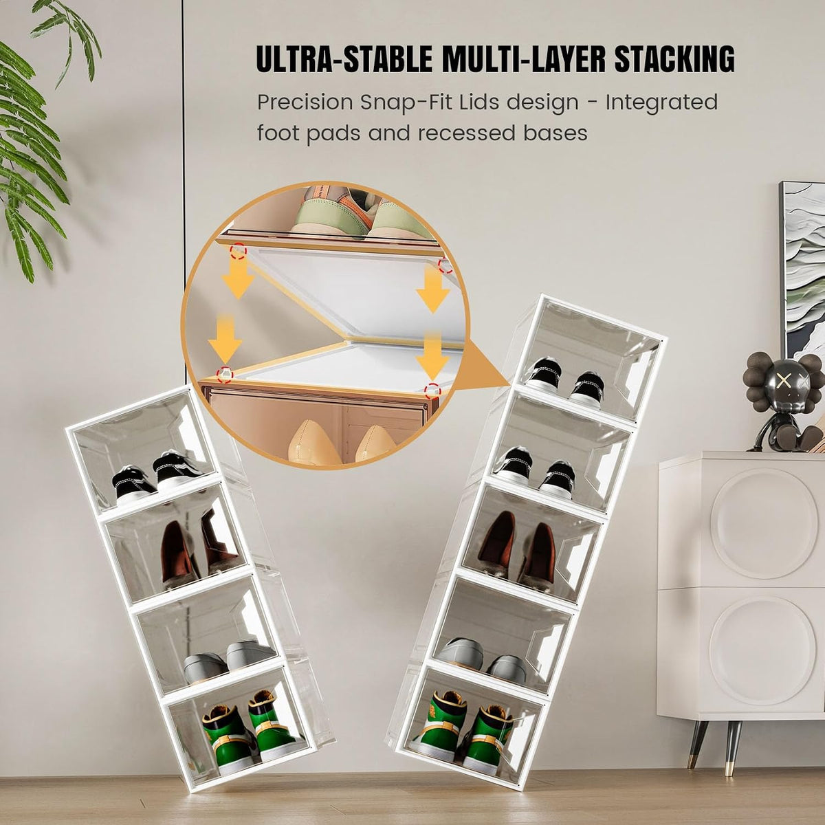 6 Pack Shoe Storage Box Organizer, Clear Thicken Stackable Plastic Shoe Boxes with Magnetic Door, Sturdy Shoe Containers for Sneakers Boots, Easy to Assemble, Fit up to US Size 12(13.2"×10.6"×7.5")